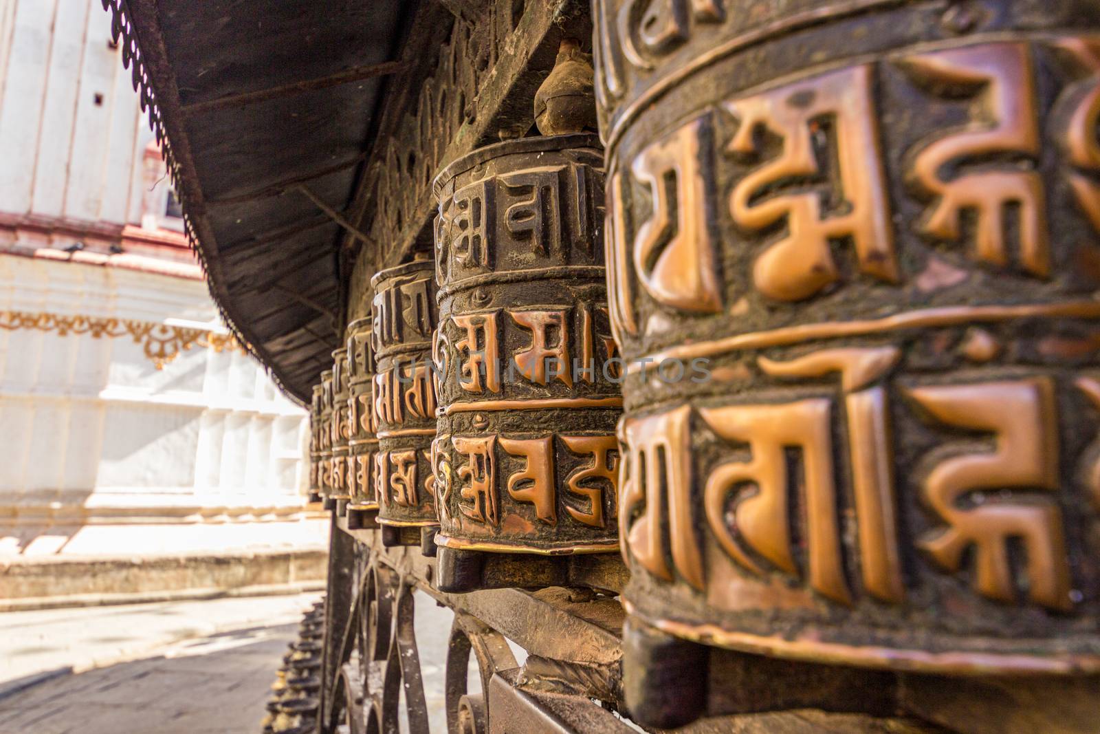 Tibetan prayer wheels or prayer's rolls of the faithful Buddhists.