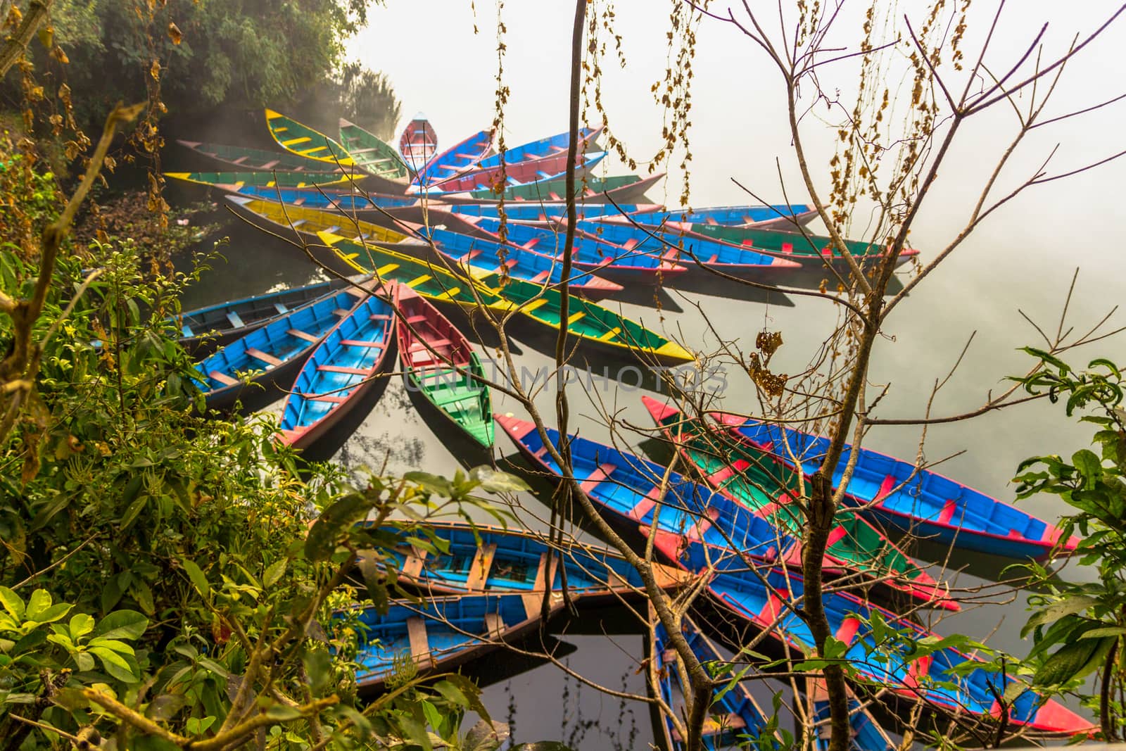 Colourful boats at shore of beautiful Phewa lake. Pokhara, Nepal. Concept of calm and serenity.