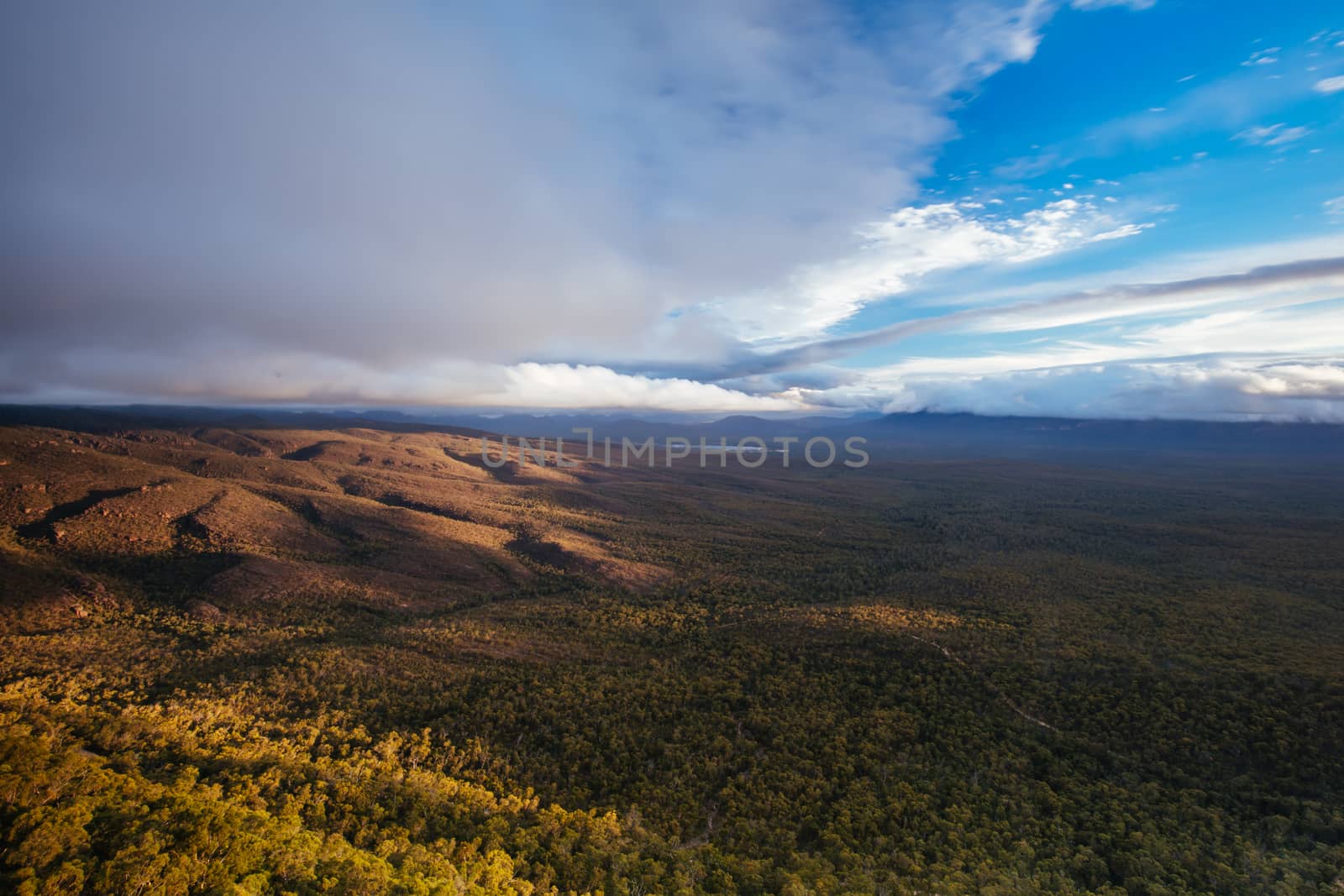 The view from Reeds Lookout and fire tower at sunset in the Grampians, Victoria, Australia