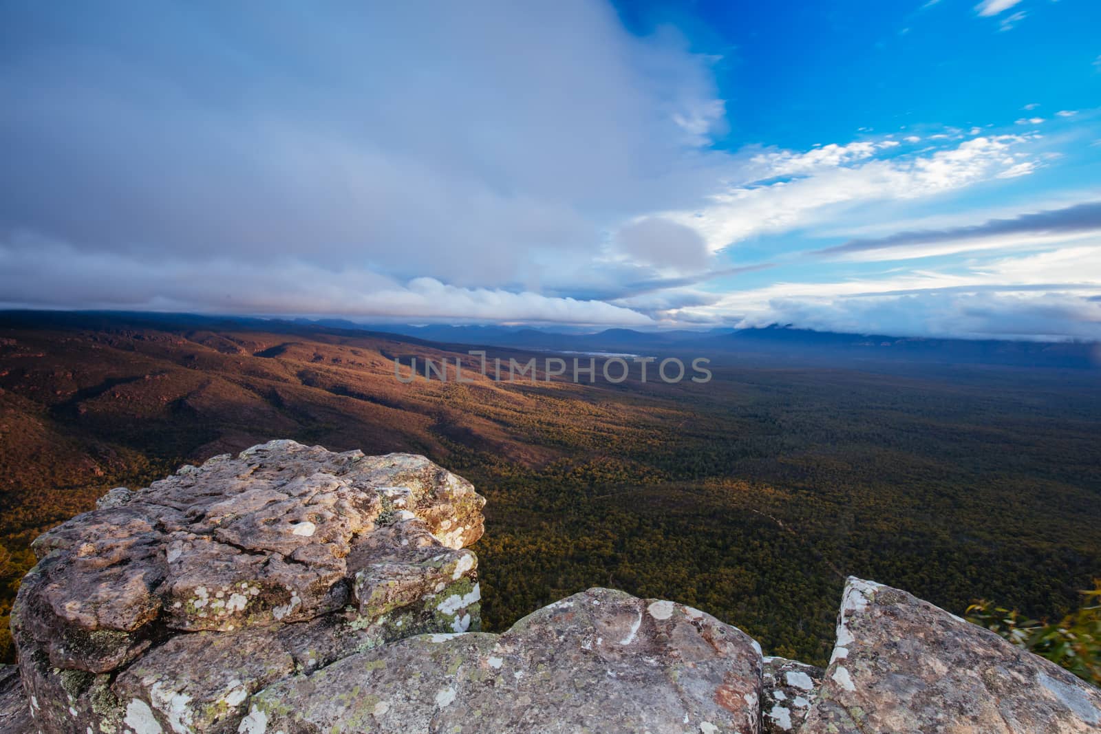 The view from Reeds Lookout and fire tower at sunset in the Grampians, Victoria, Australia