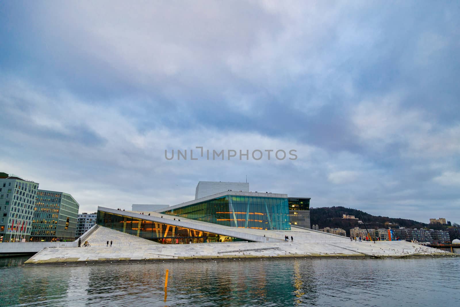 OSLO, NORWAY - CIRCA 2020: Beautiful view from the fjord to the National Oslo Opera House