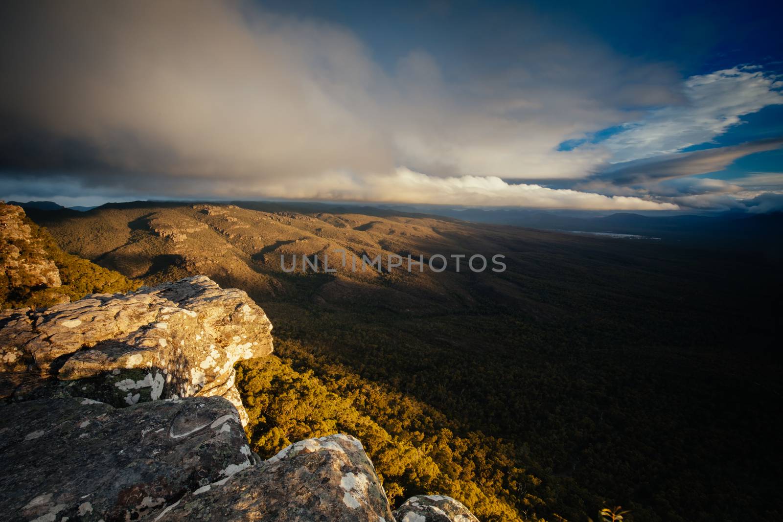 The view from Reeds Lookout and fire tower at sunset in the Grampians, Victoria, Australia