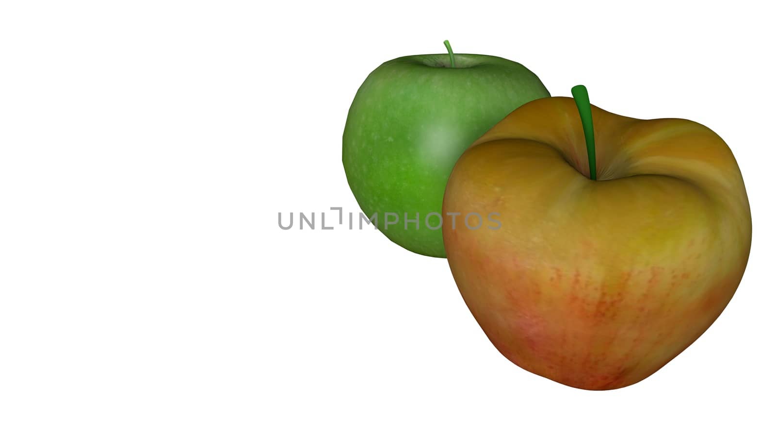 Red apple and green apple isolated on white background with copy space for texture. 3D illustration