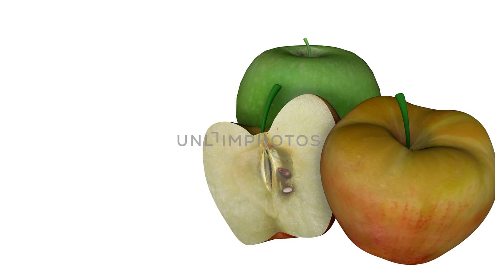 Red apple and green apple isolated on white background with copy space for texture. 3D illustration