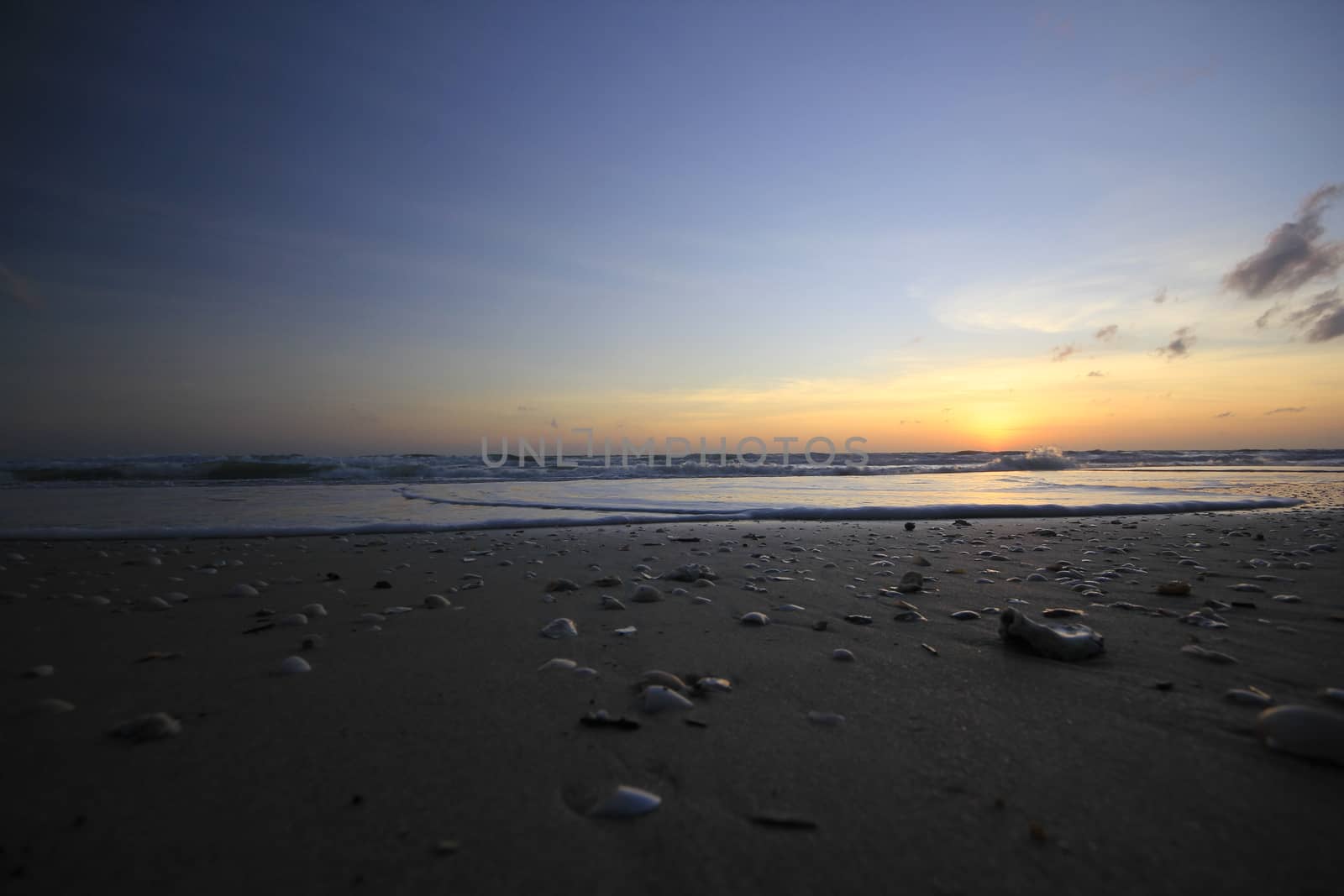 The morning sunrise over the horizon in the sea