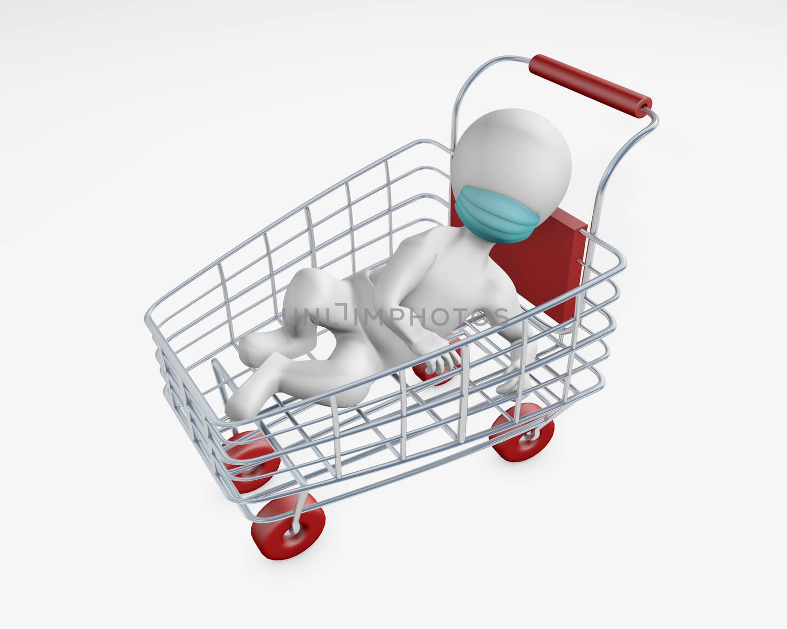 Fatty man with a mask in a shopping cart 3d rendering isolated on white