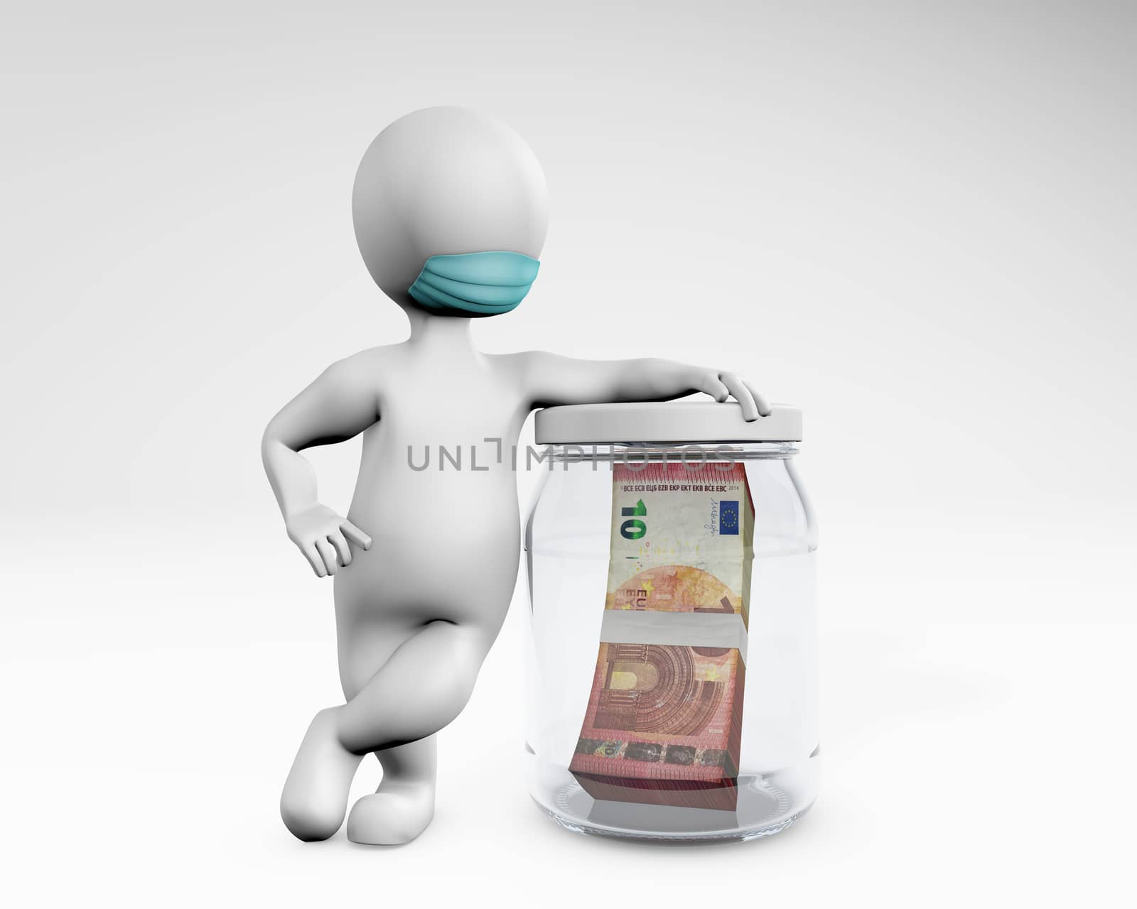 Fatty man with a mask saving money euro 3d rendering isolated on white
