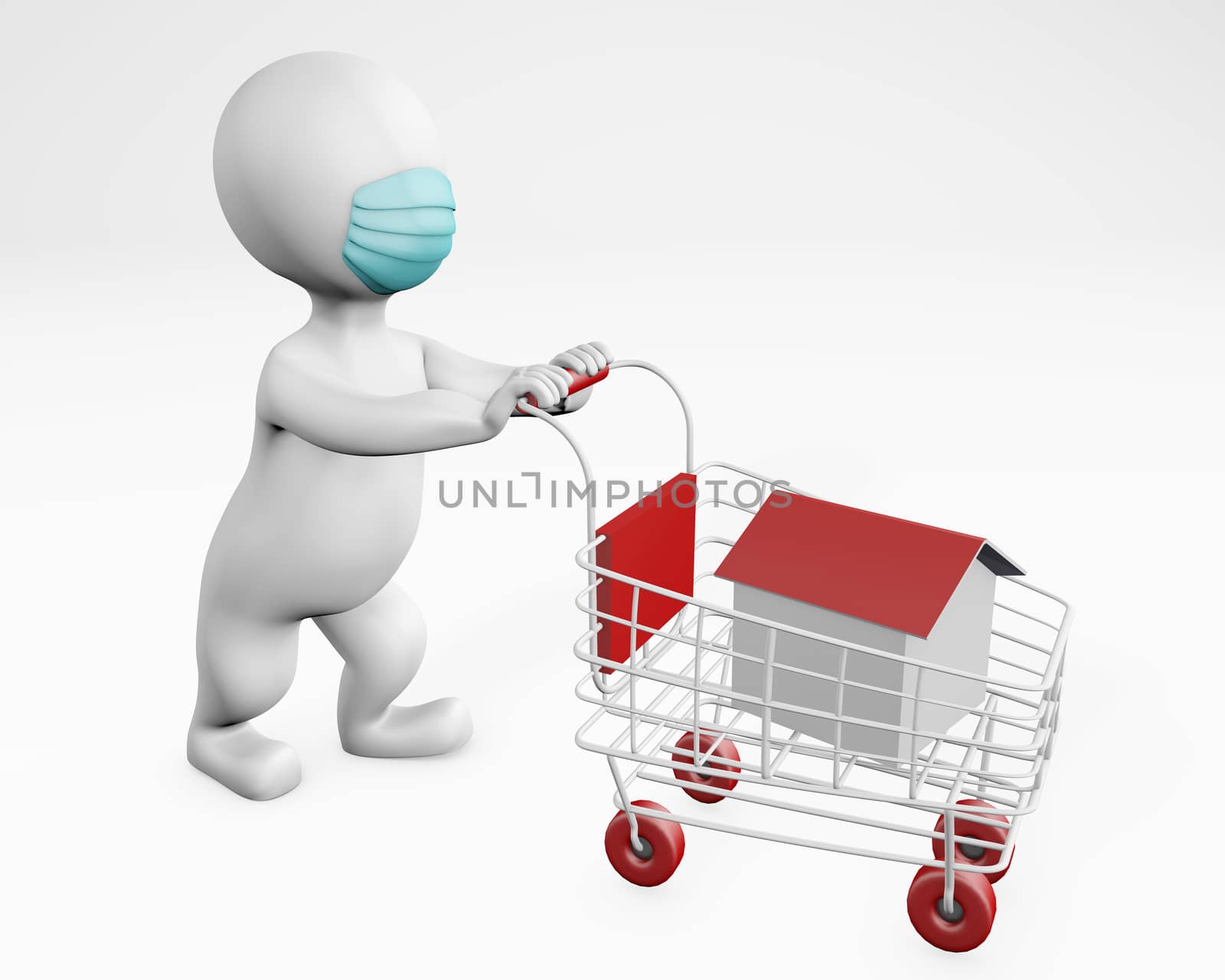 Fatty man with a mask shopping for a house or home 3d rendering isolated on white