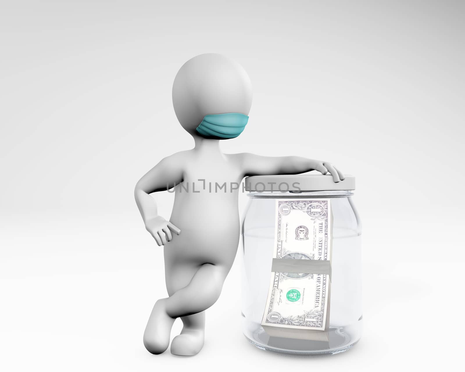 Fatty man with a mask saving money in a jar 3d rendering isolated on white 