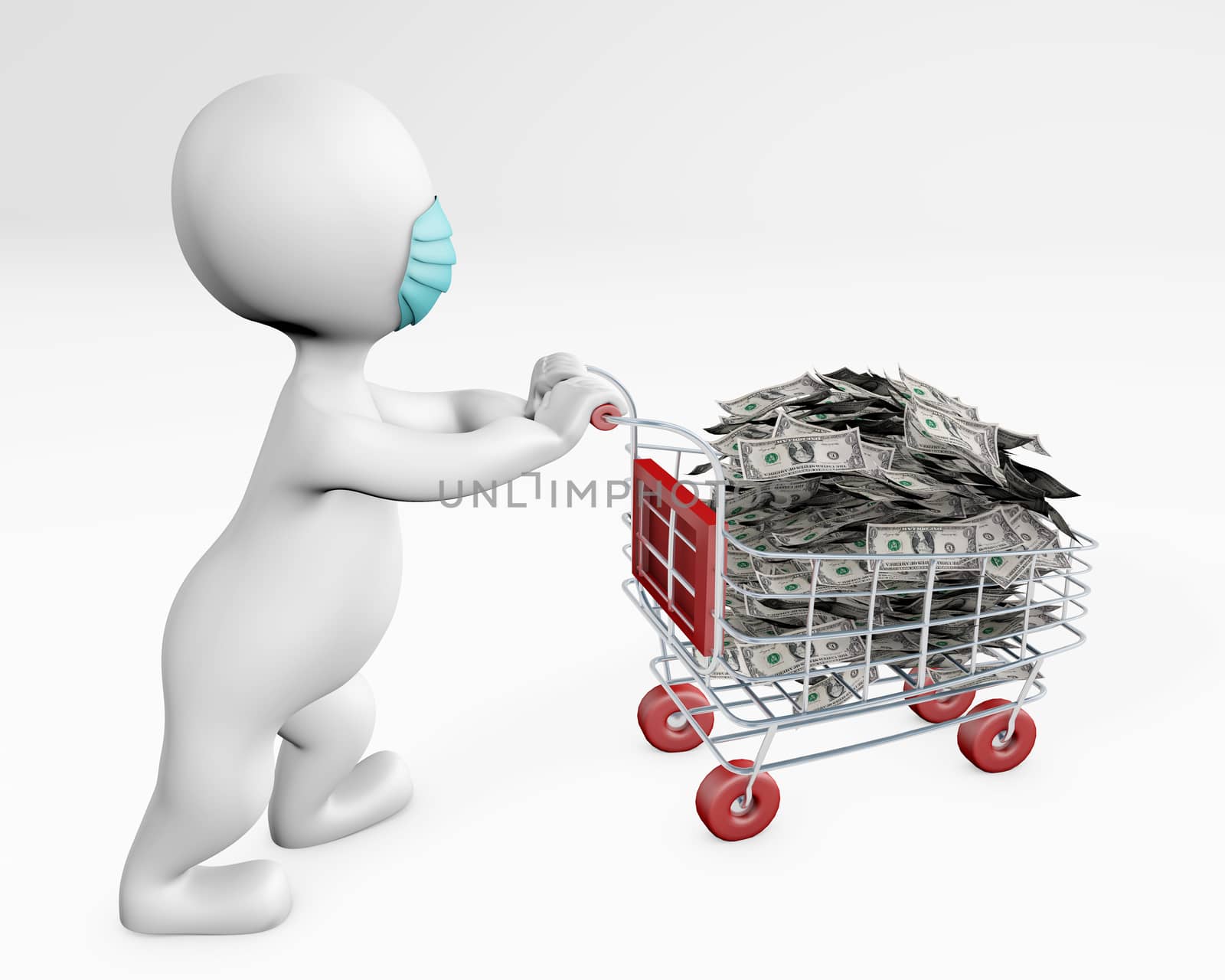 Fatty man with a mask shopping for money 3d rendering isolated on white