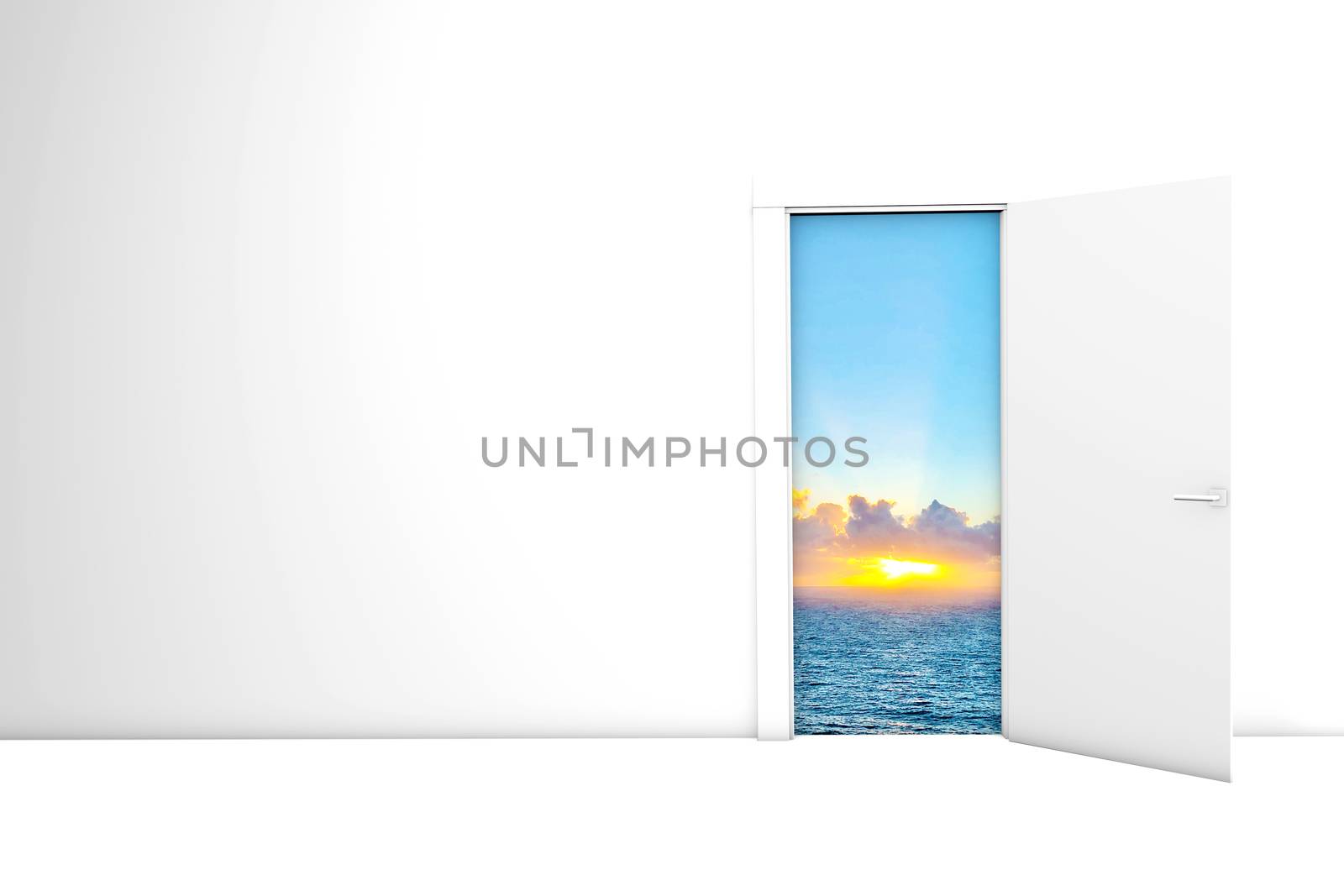Hope Concept Light and sea and sun seen through Opened Door 3d rendering