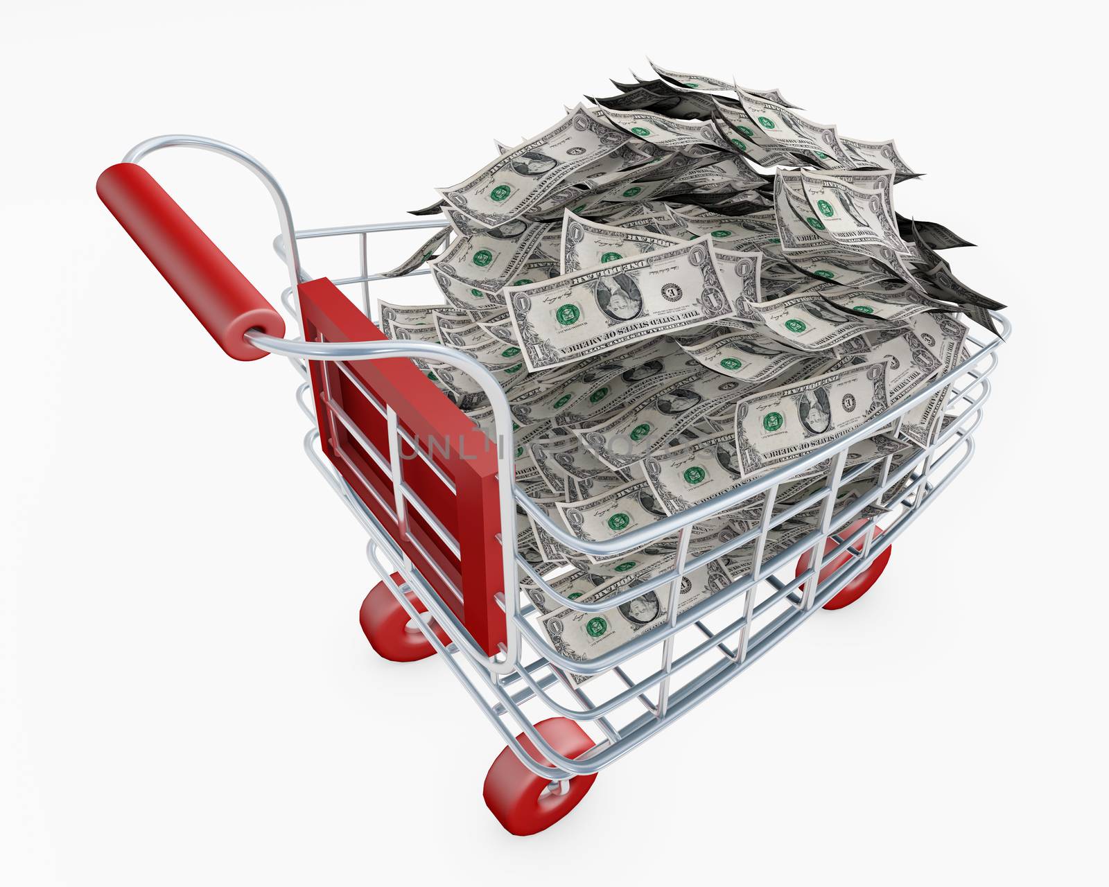 Shopping cart full of money us dollars 3d rendering isolated on white
