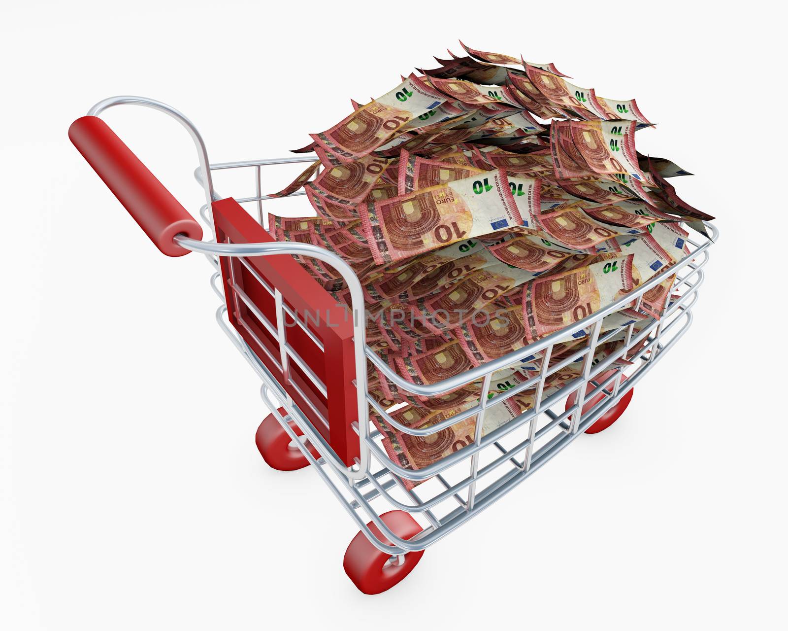 Shopping cart full of money euro banknotes 3d rendering isolated on white
