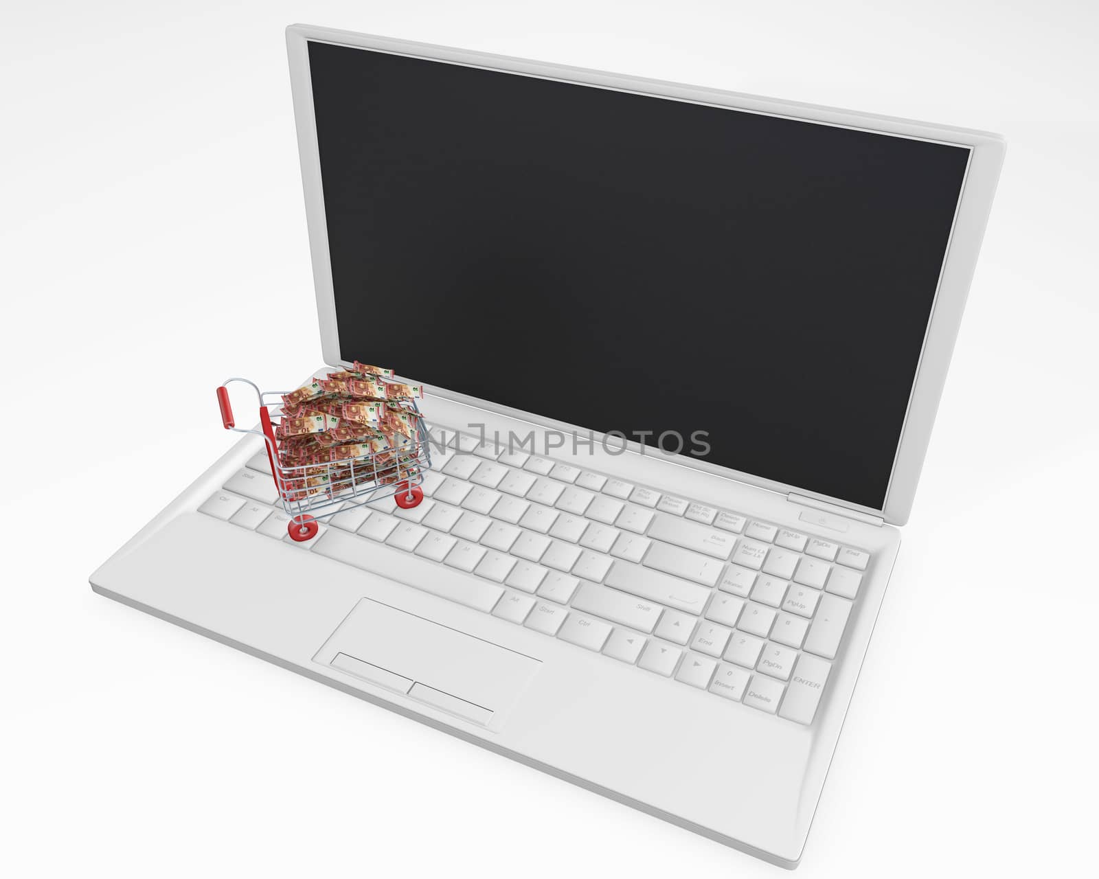 Shopping Cart on a laptop full of money euros 3d rendering by F1b0nacci