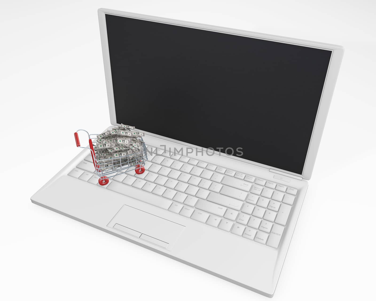 Shopping Cart on a laptop full of money 3d rendering isolated on white