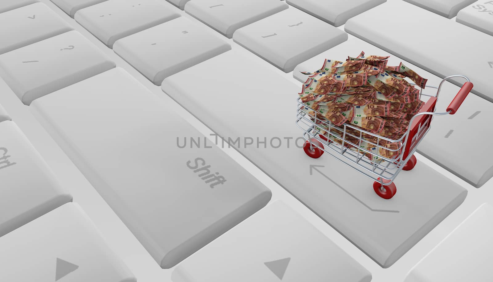 Shopping Cart on a laptop enter sign full of money euros 3d rendering white keyboard