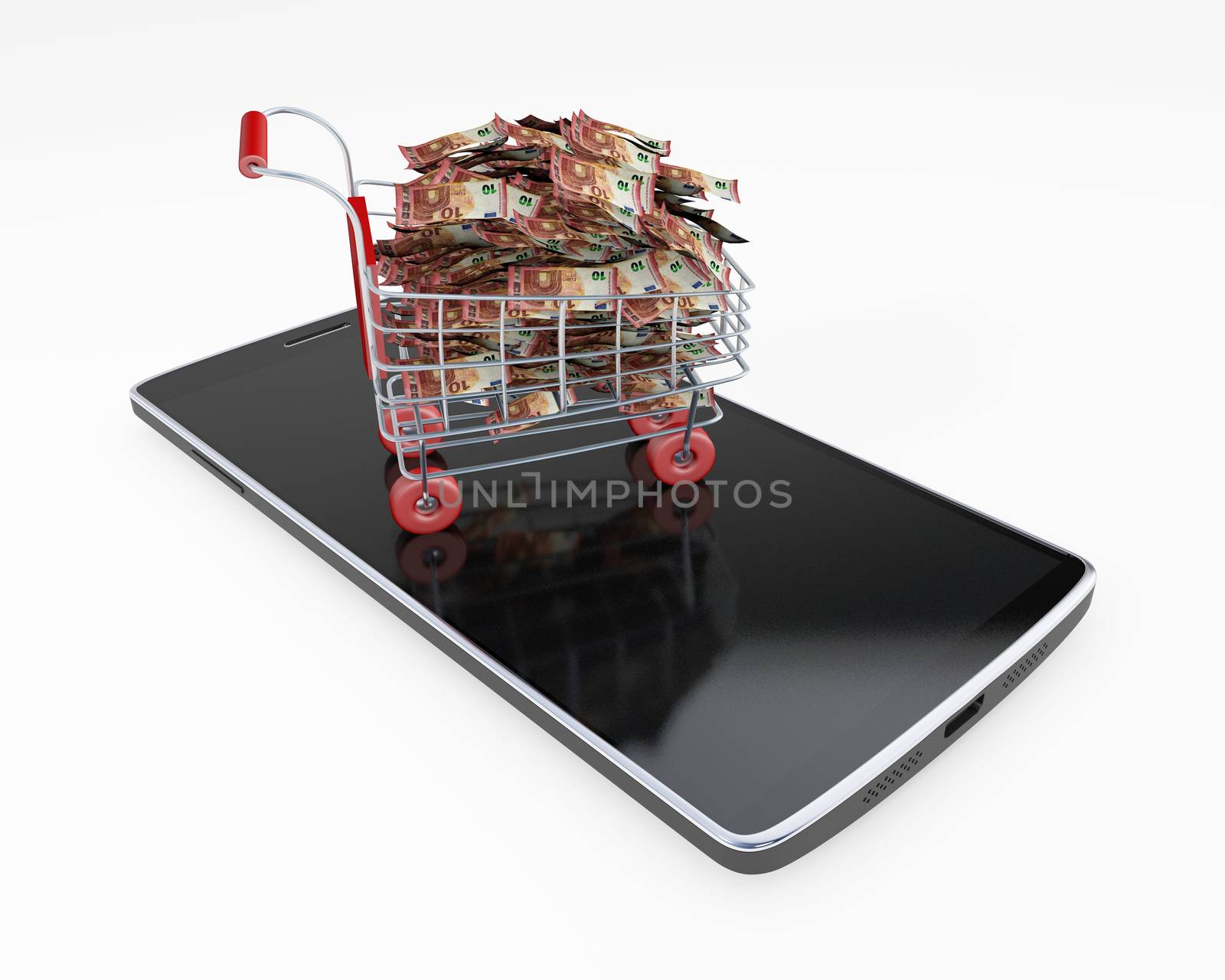 Shopping Cart on a phone full of money euros 3d rendering by F1b0nacci
