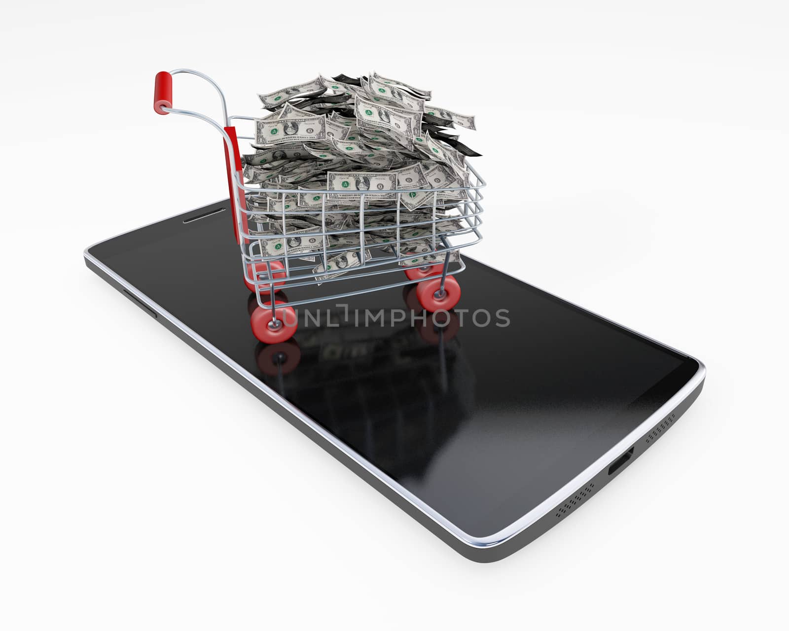 Shopping Cart on a mobile phone full of money 3d rendering isolated on white