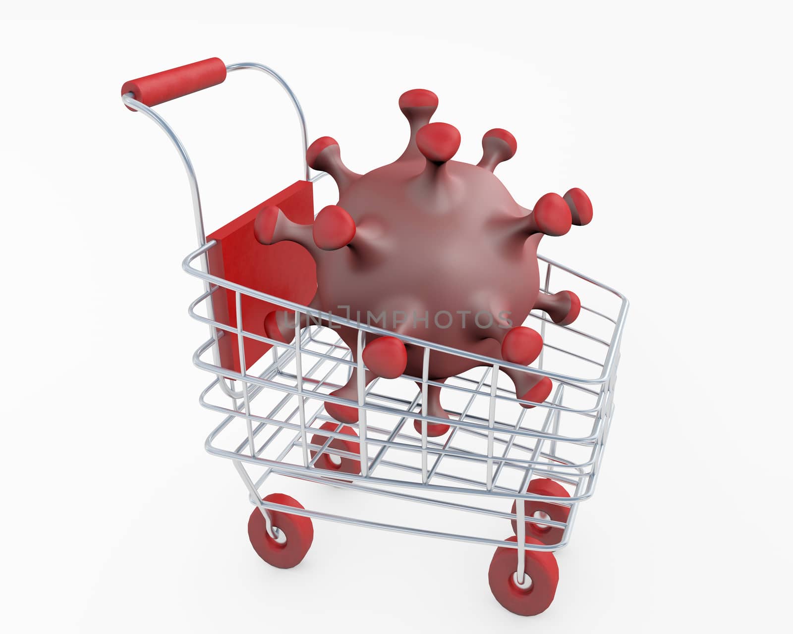 Shopping Cart with coronavirus 3d rendering isolated on white