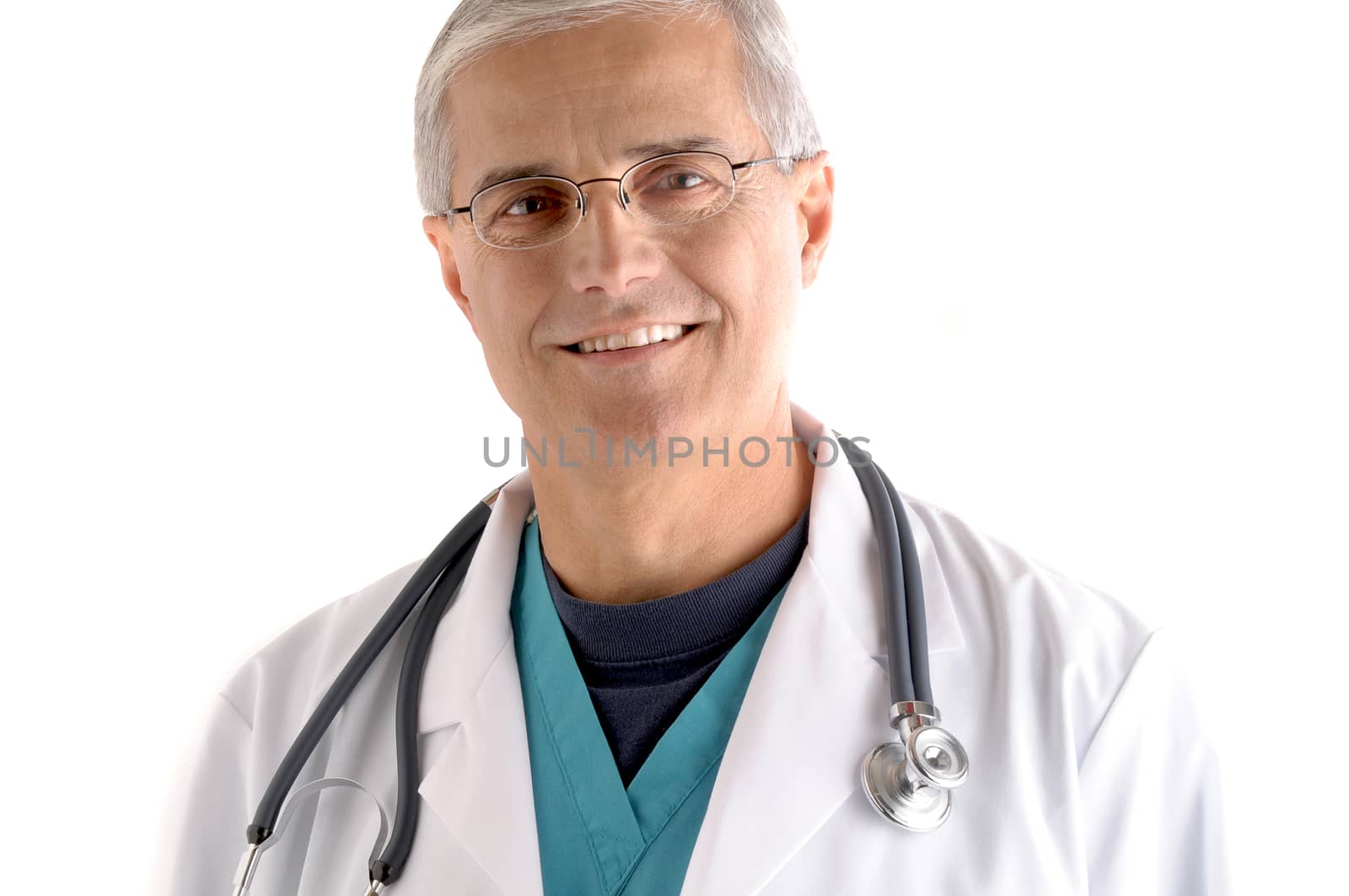 Portrait of a Middle aged doctor in scrubs and lab coat and stethoscope draped around his neck. Isolated on white background.