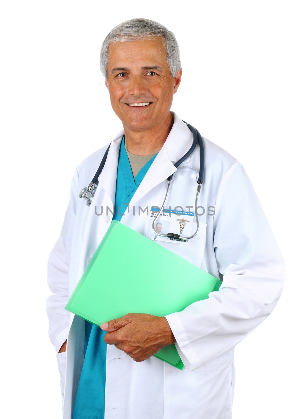Smiling middle aged doctor holding a patients chart. Man is wearing a lab coat and scrubs with  stethoscope around his neck. Vertical format on a white background.