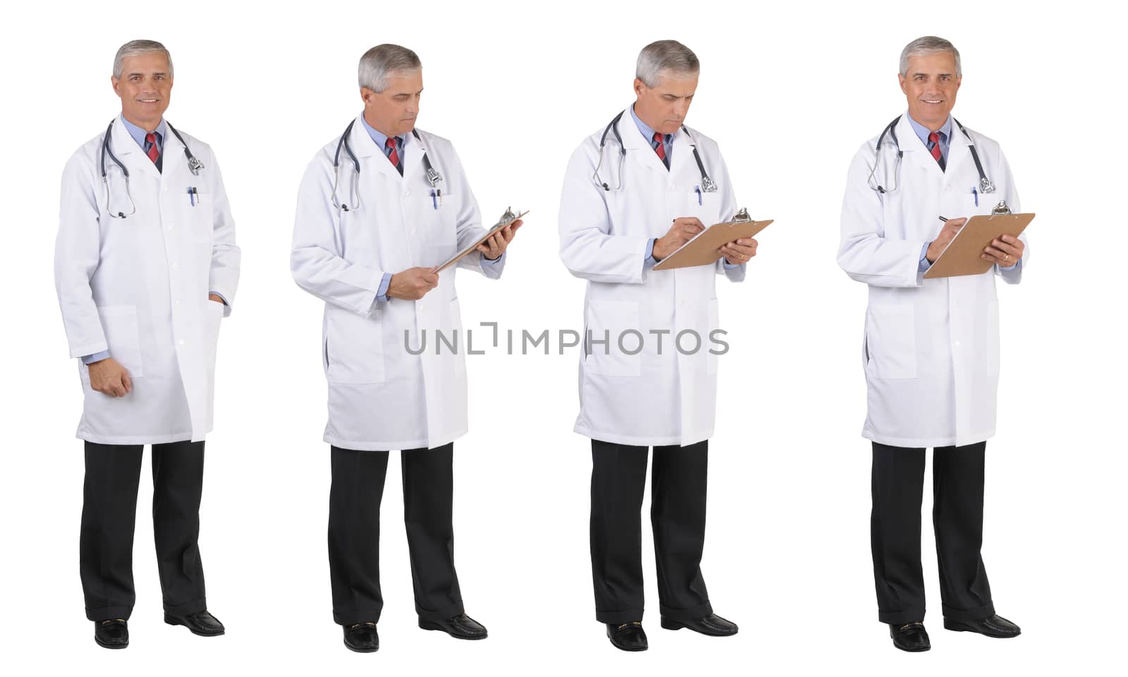 Four different poses of a mature Doctor wearing a lab coat over white.
