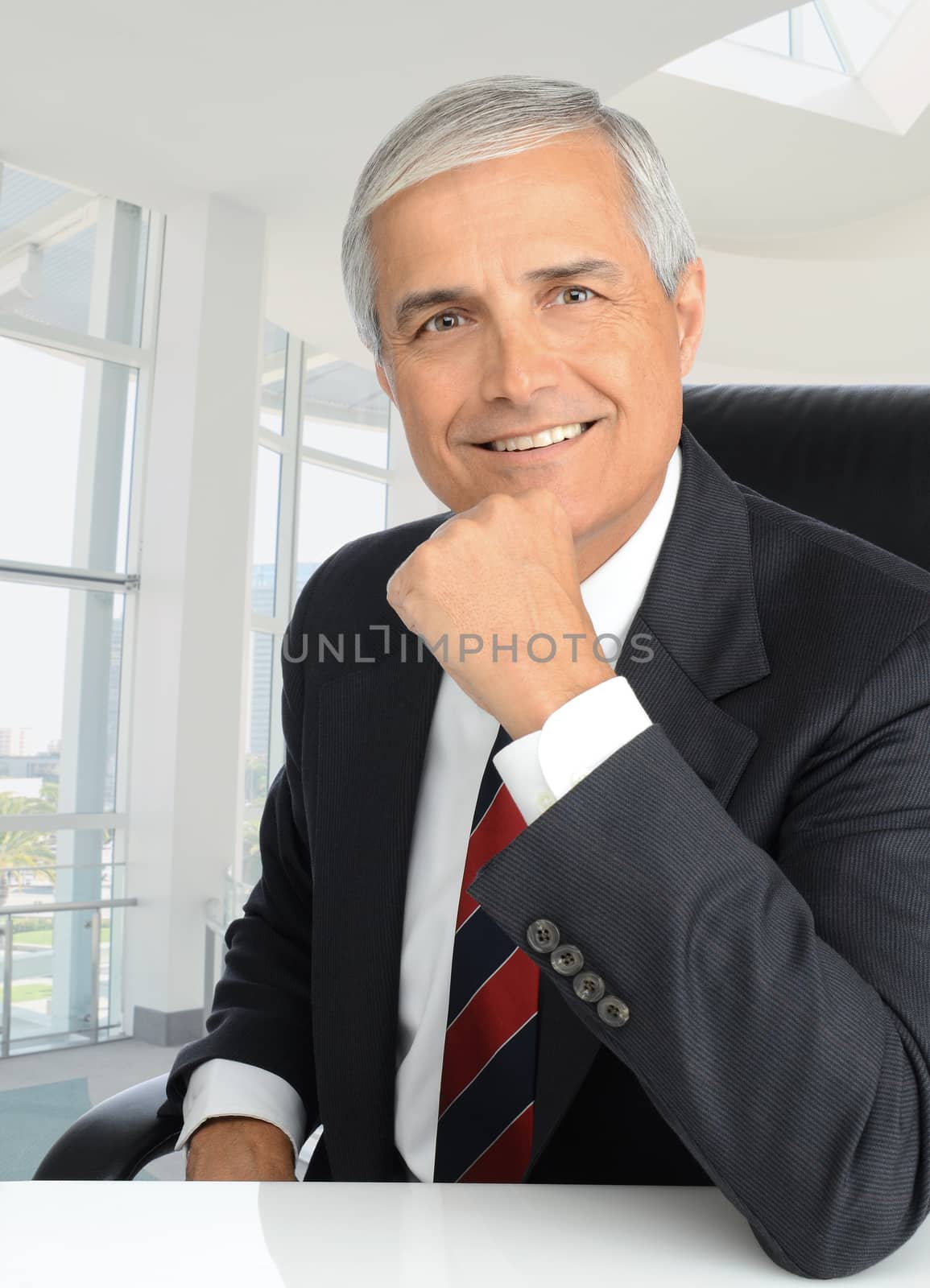 Portrait of a middle aged businessman sitting at his desk with his hand on his chin. Man is smiling at the camera. Vertical format.