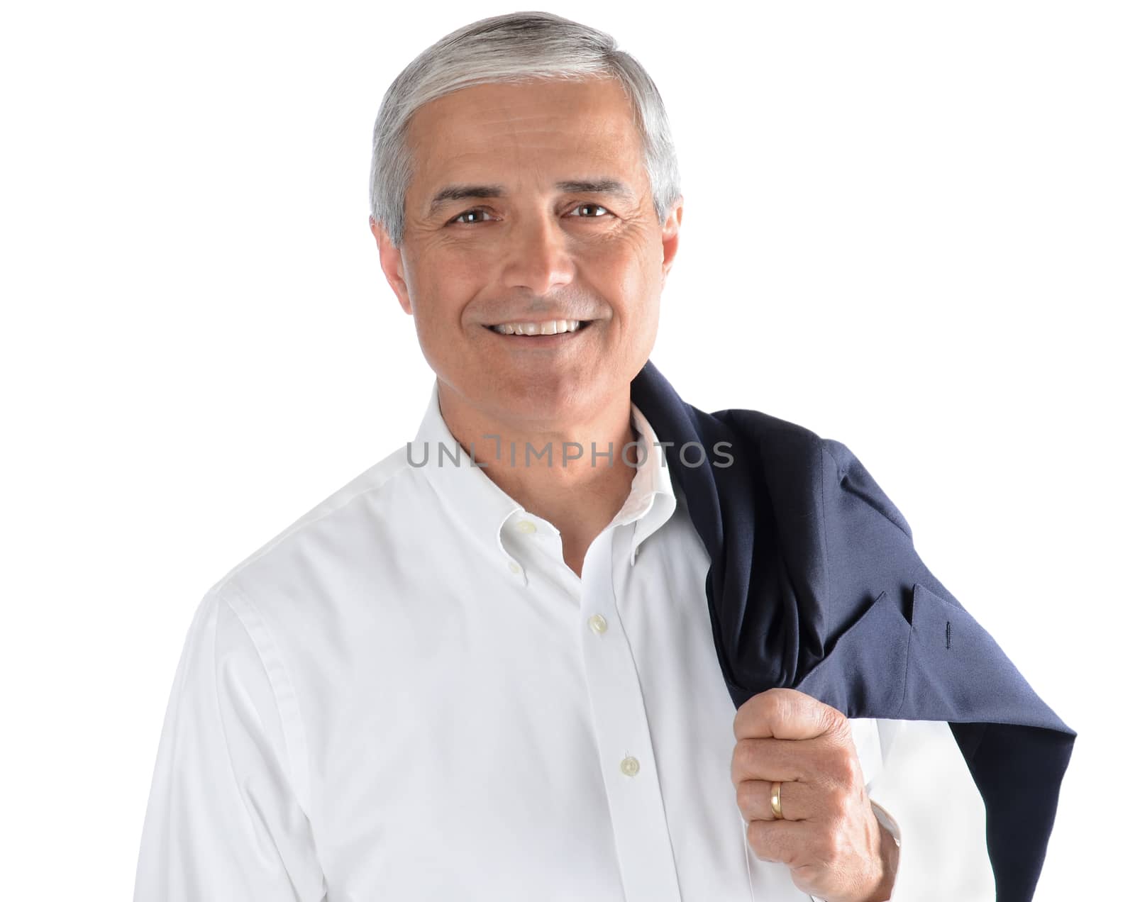 Portrait of a middle aged businessman with his jacket over his shoulder. Square Format over a white background.