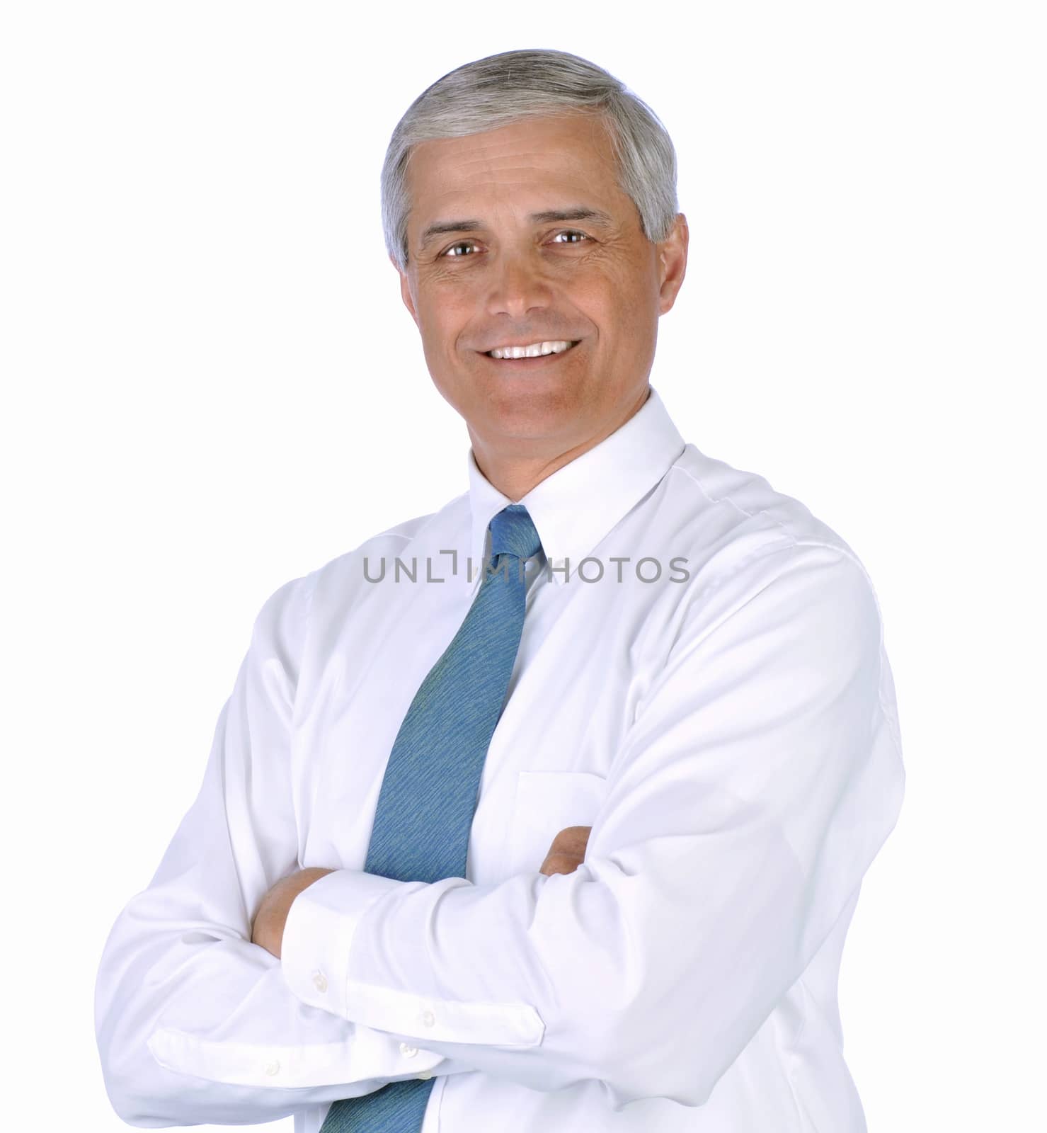 Smiling Businessman in White Shirt and Blue Tie isolated on white