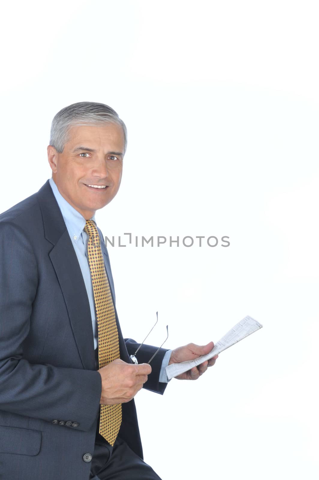 Smiling Businessman with Newspaper and glasses isolated