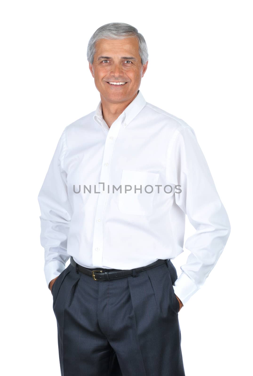 Businessman Wearing Dress Shirt and no Necktie with Hands in Pockets isolated on white