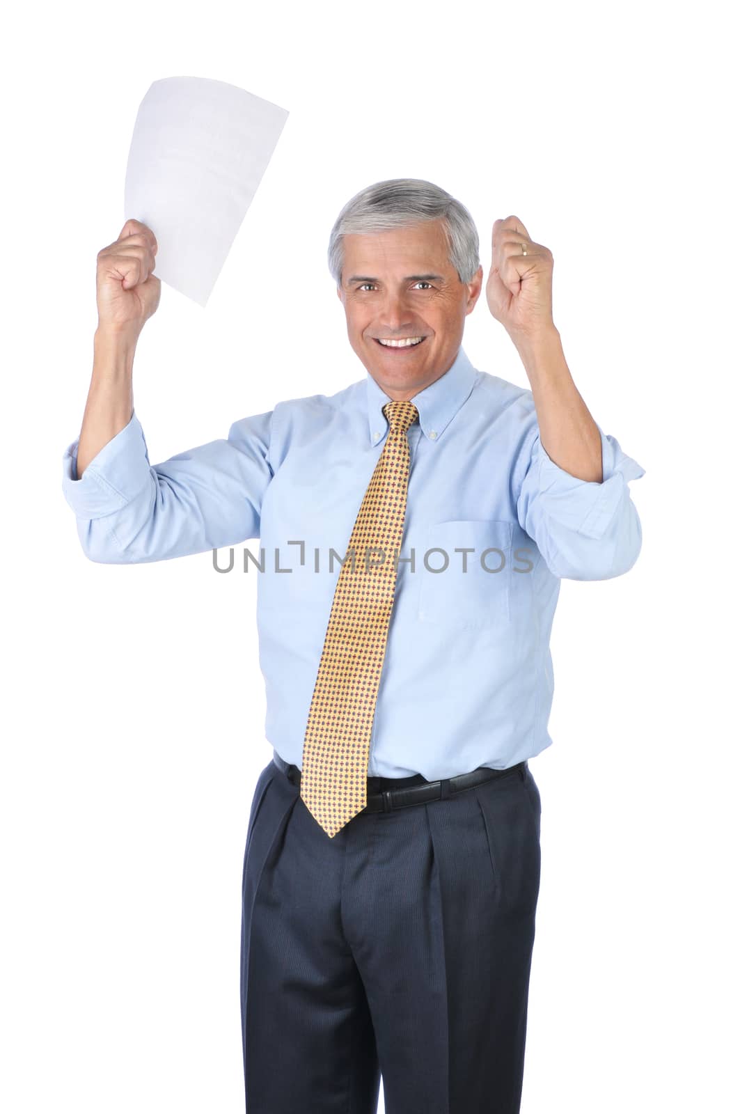 Smiling Businessman with his Arms Raised isolated over white