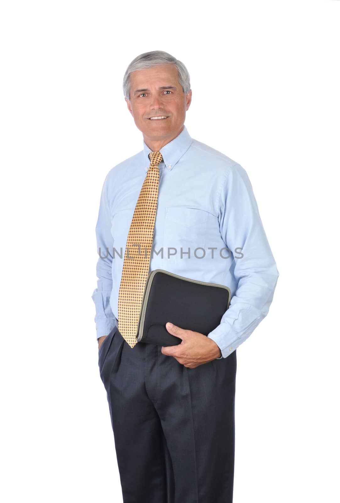 Standing Businessman notebook and hand in pocket isolated on white