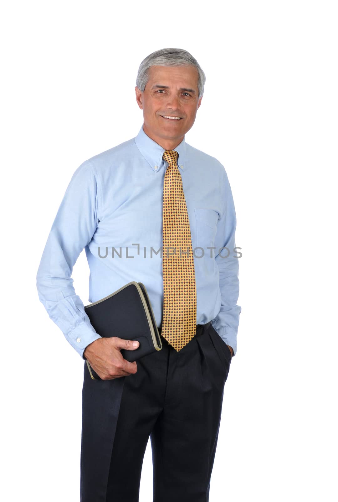 Standing Businessman notebook and hand in pocket isolated on white