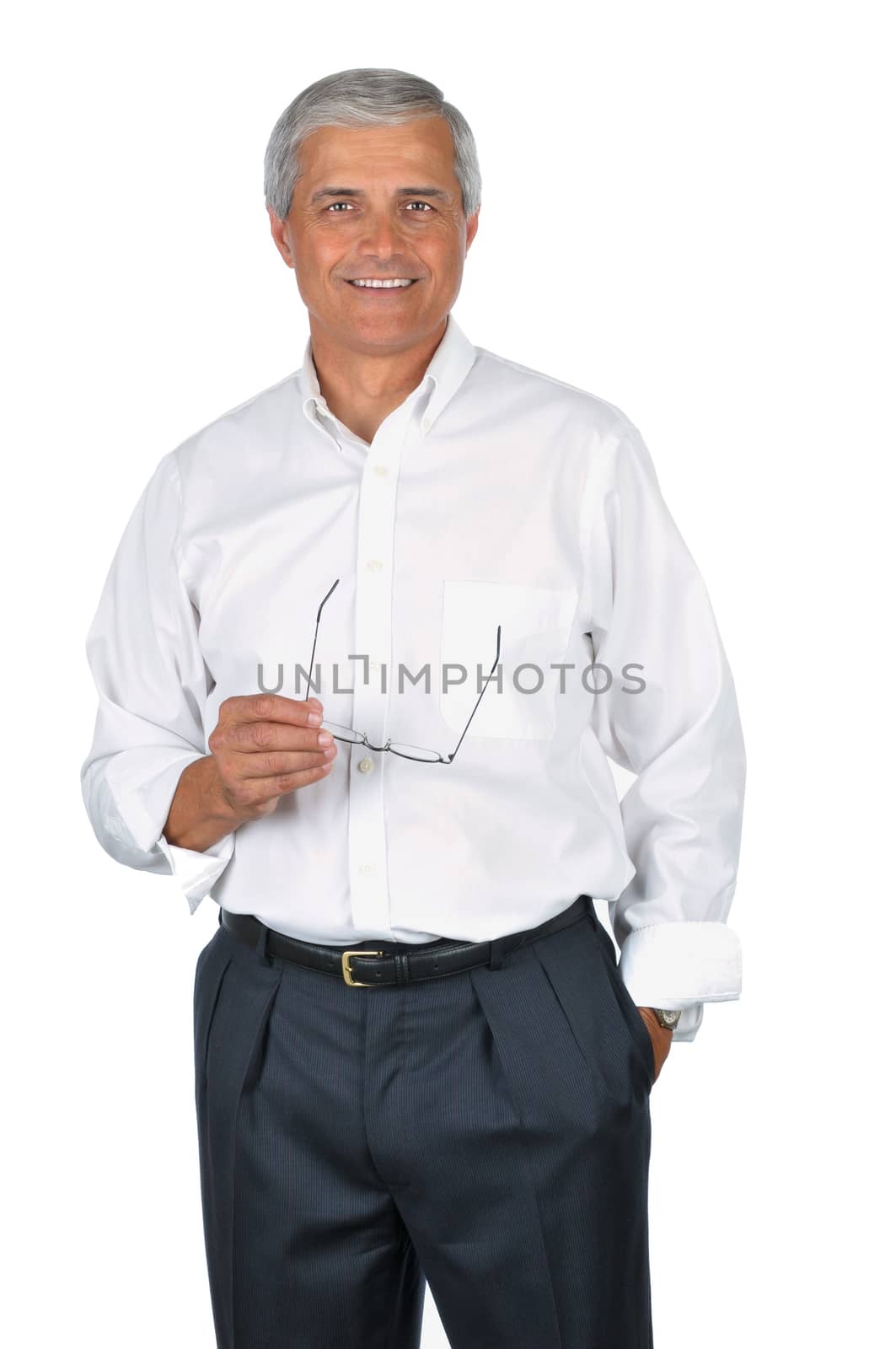 Businessman Wearing White Shirt Holding Glasses isolated on background