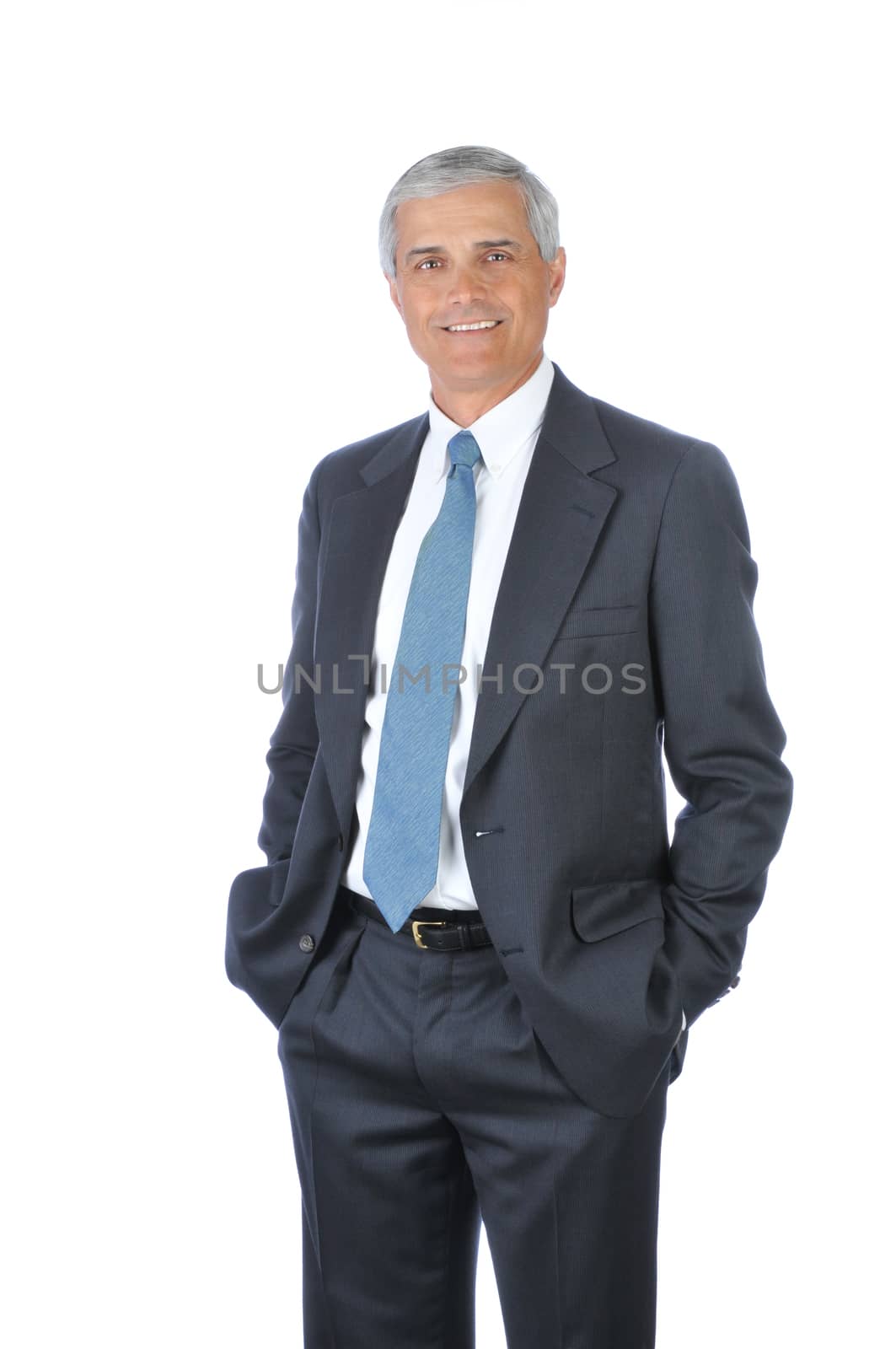 Standing Businessman with hands in pockets isolated on white
