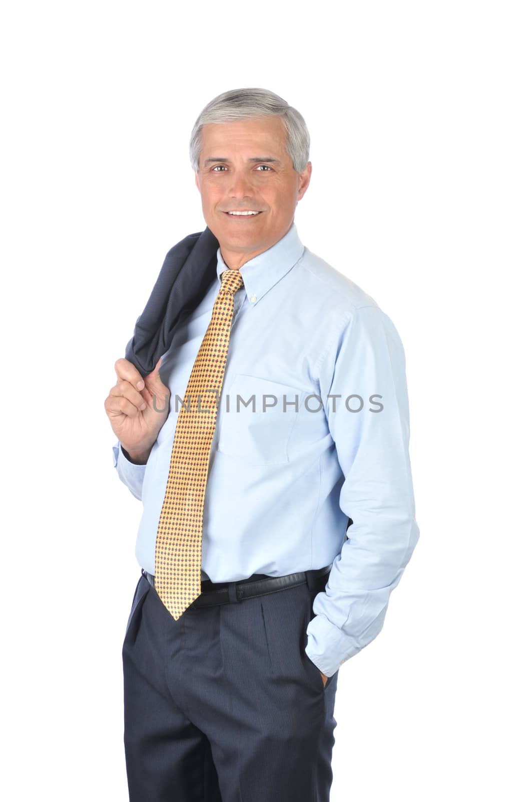 Smiling Businessman Standing with Jacket Over Shoulder isolated on white