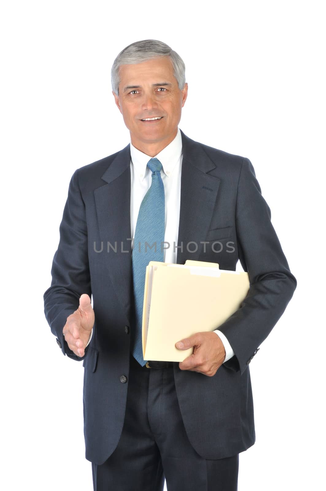 Businessman with file folder hand extended to shake isolated on white