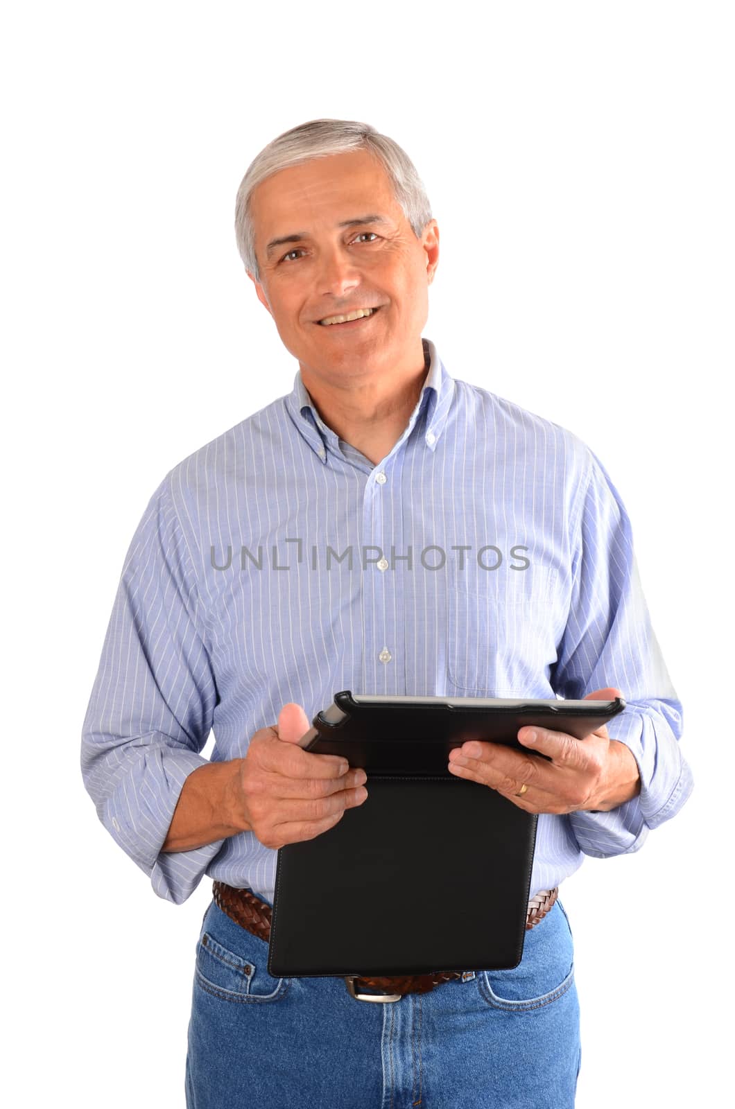 A casually dressed businessman holding a tablet computer in a case. Vertical composition over a white background.