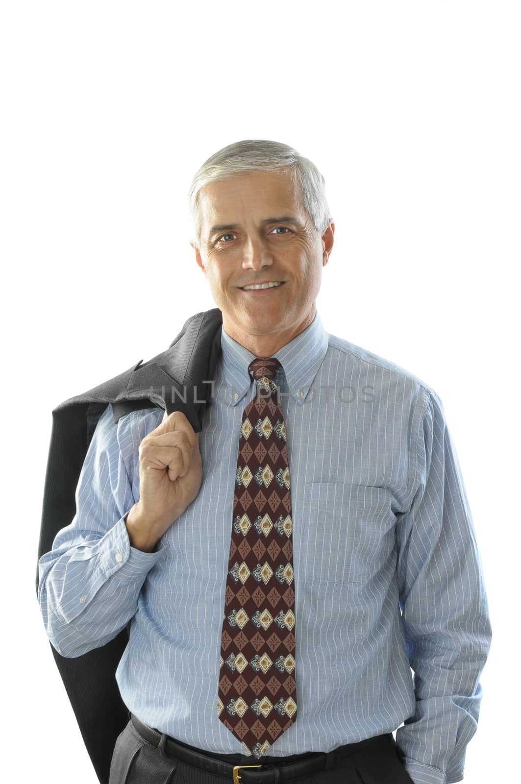 Middle Age Businessman Jacket over Shoulder hand in pocket isolated on white vertical format waist up