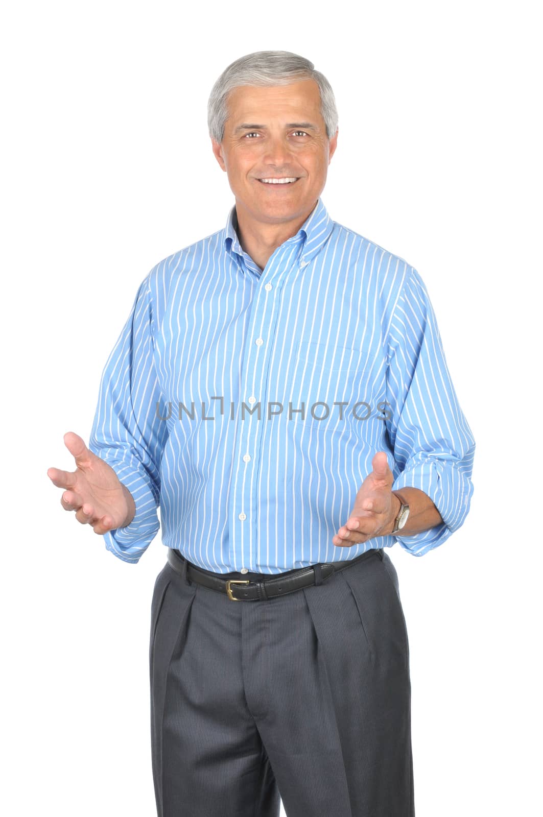 Man in Striped Blue Shirt Gesturing with Both Hands isolated on white 