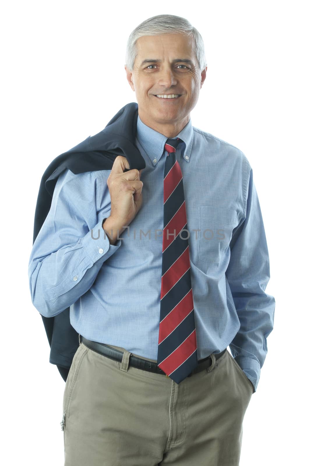 Middle Aged Businessman with his Jacket over his shoulder isolated on white vertical format torso only