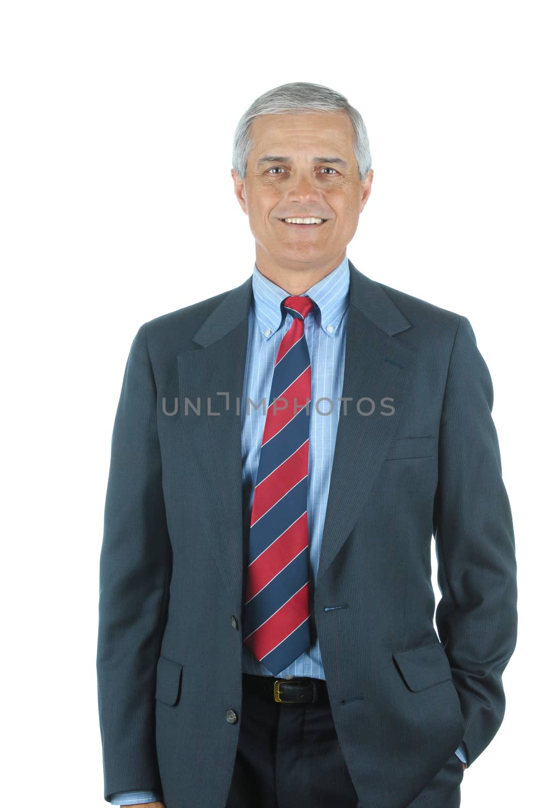 Smiling Middle Aged Businessman wearing a Suit with one hand in pocket isolated on white