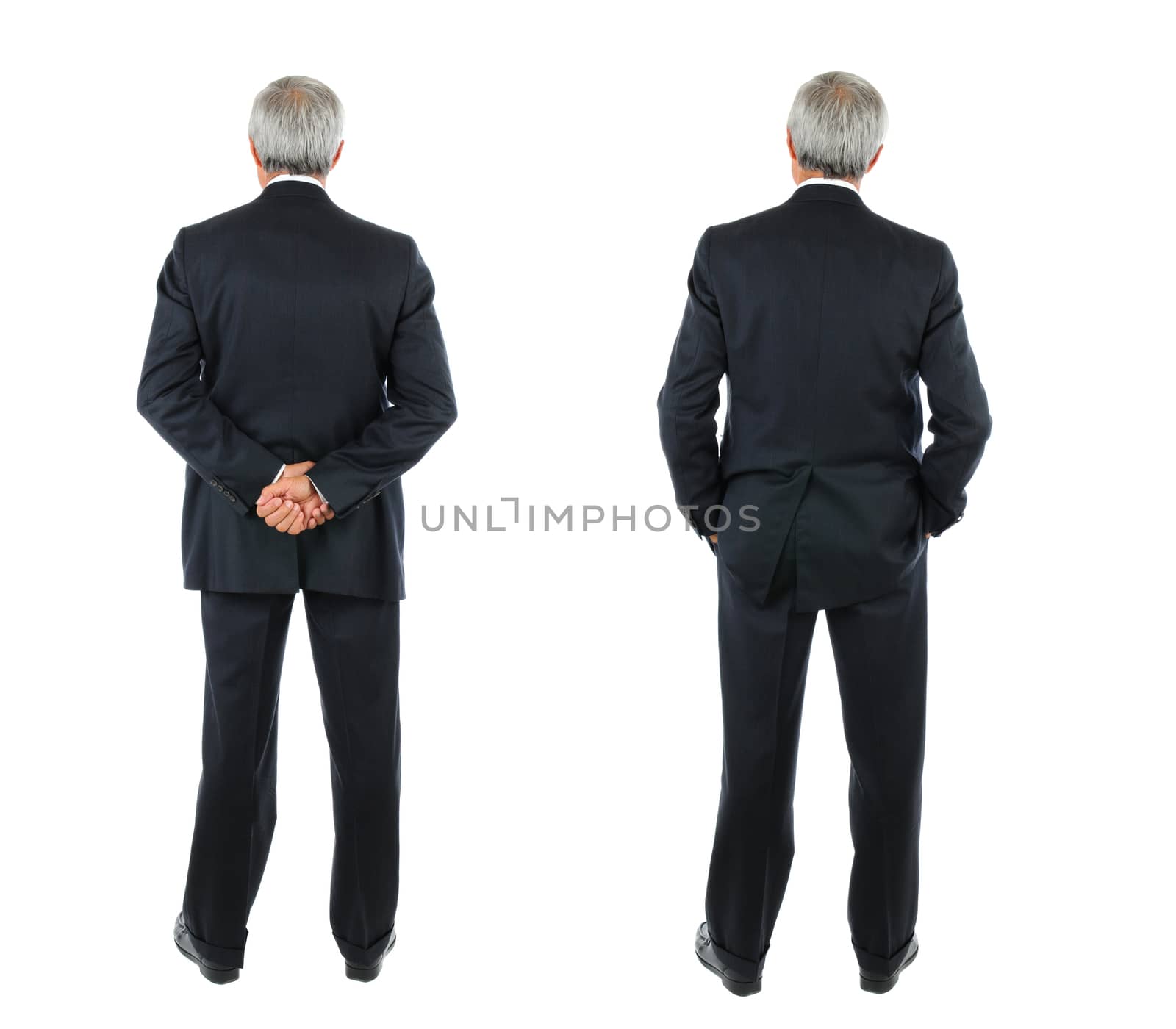 Two images of the same middle aged businessman seen from behind, different poses. Full length shot over a white background.