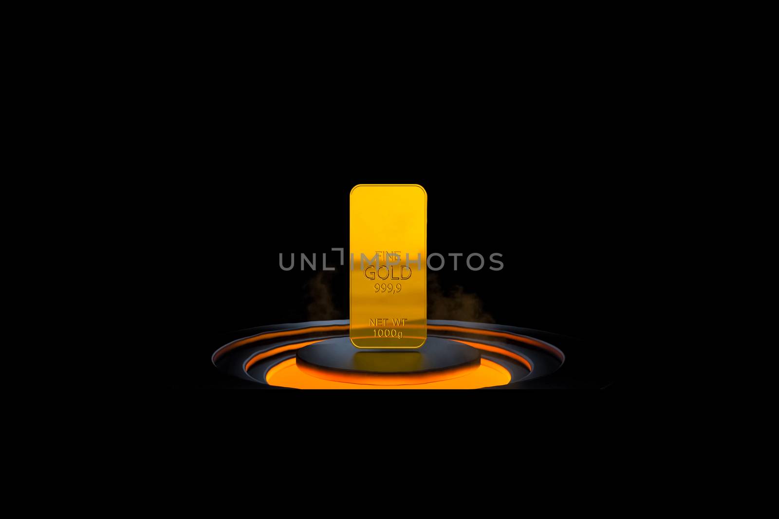 A gold bar on a stand above the melting stove. Illustration of a gold bullion.