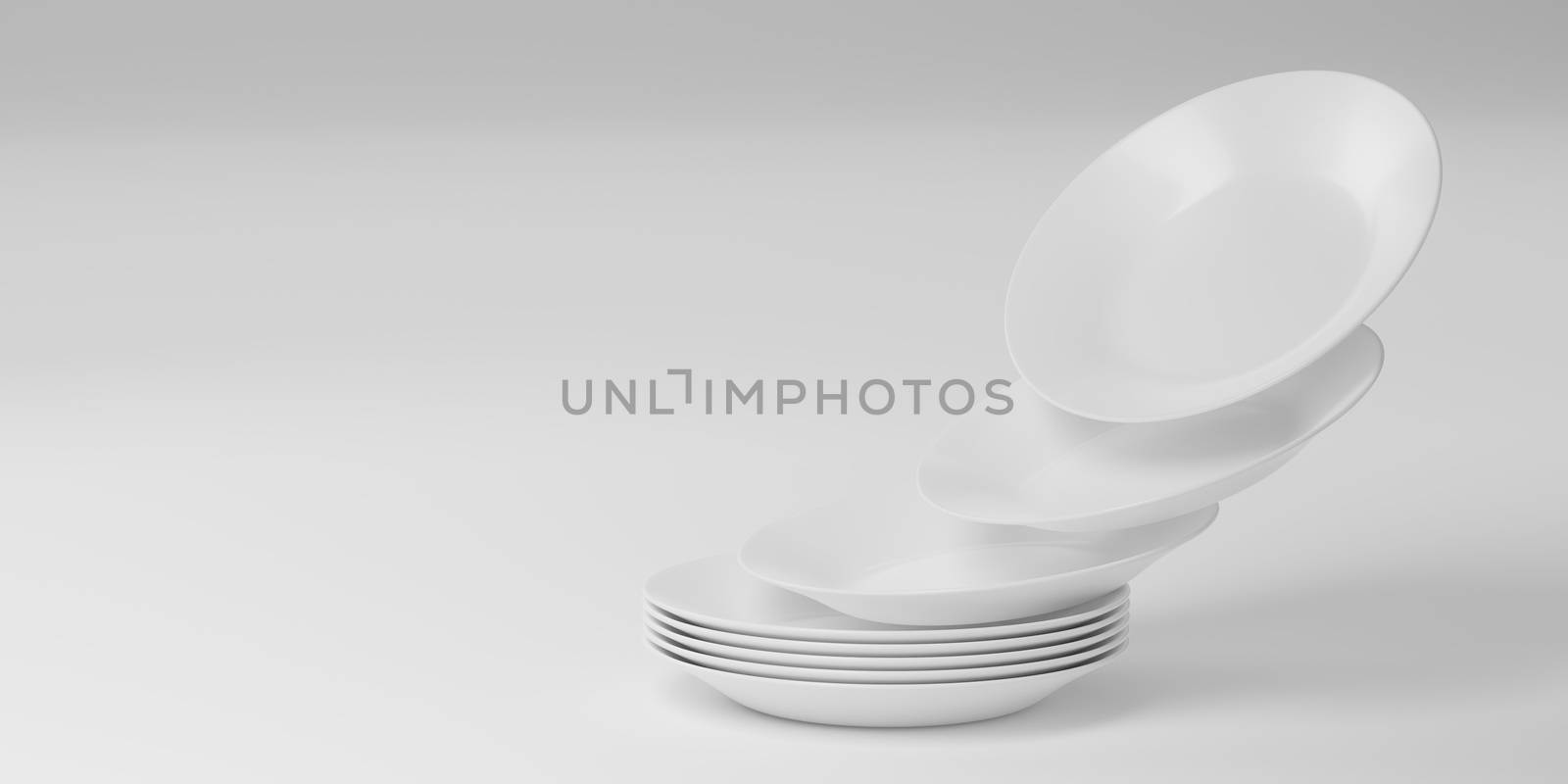 White plates falling isolated on white background. Set of empty ceramic dish. Stacked kitchen tableware. 3D rendering 