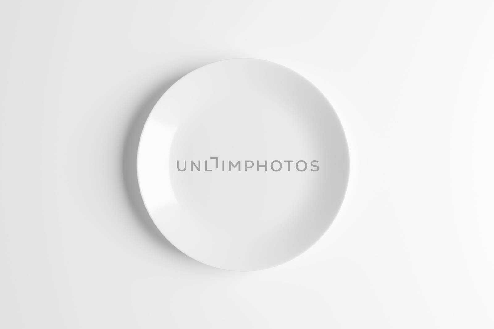 Empty white plate or ceramic dish isolated on white background. 3D rendering with clipping path