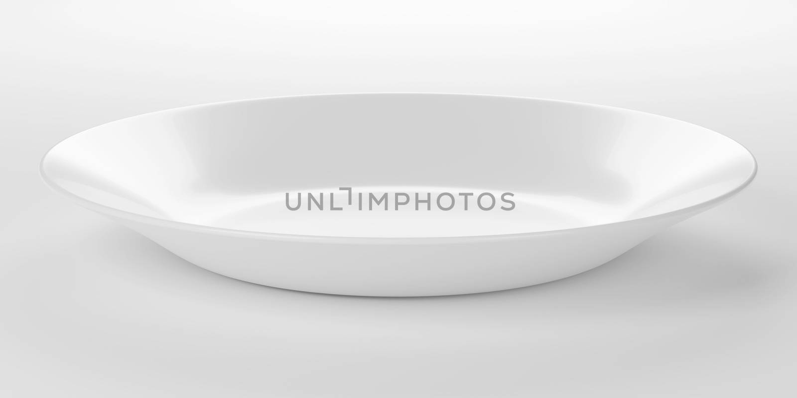 Empty white plate or ceramic dish isolated on white background. 3D rendering with clipping path