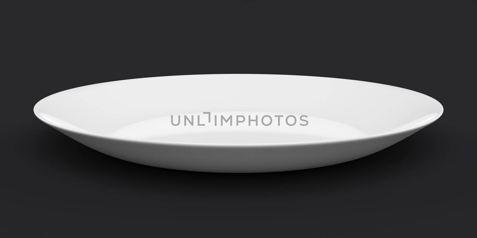 Empty white plate or ceramic dish on black background. 3D rendering with clipping path