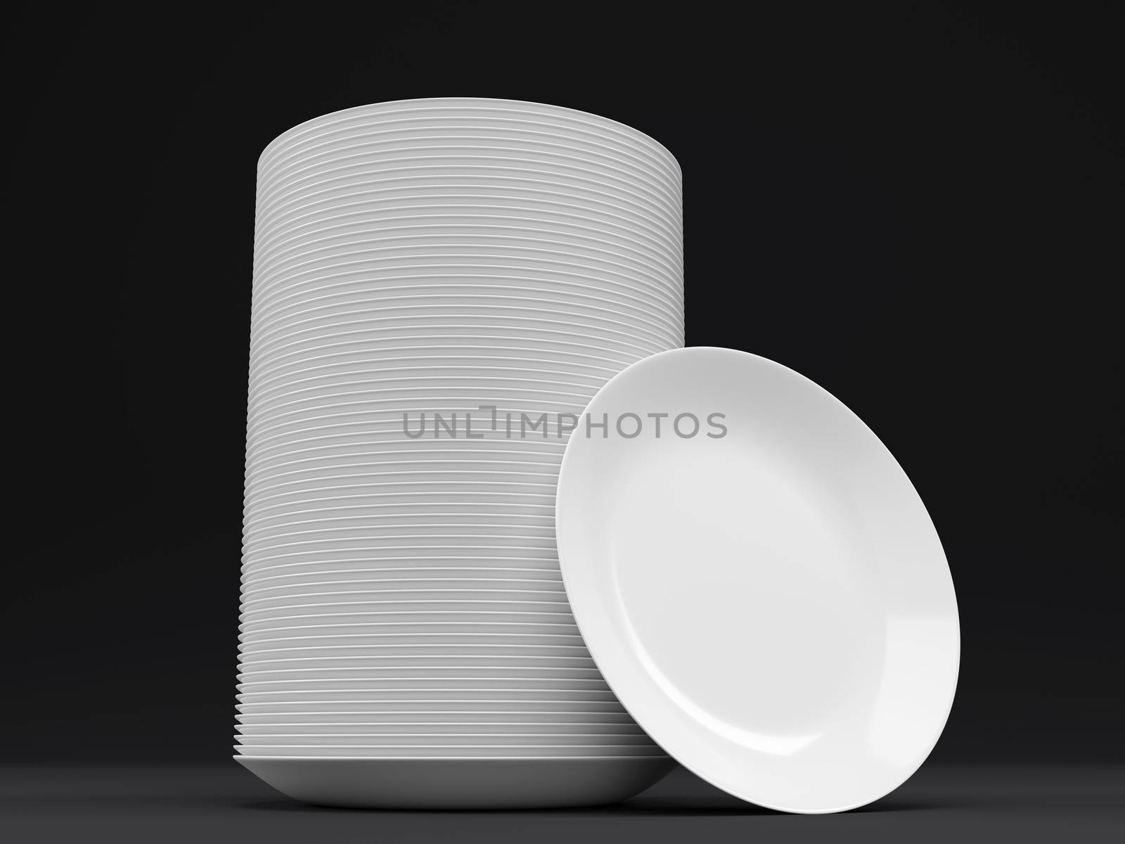 Stack of white plate isolated on black background. Set of empty  ceramic dish. 3D rendering with clipping path.